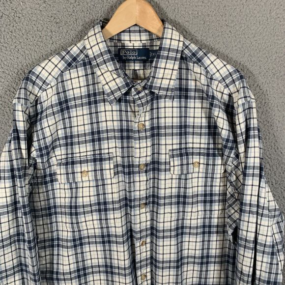 Polo Ralph Lauren Shirt Mens Large L Blue Plaid Flannel Button Up Long Sleeve - Picture 2 of 7